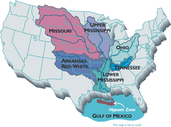Map of the Mississippi River Basin showing the Hypoxic Zone in the Northern Gulf of Mexico
